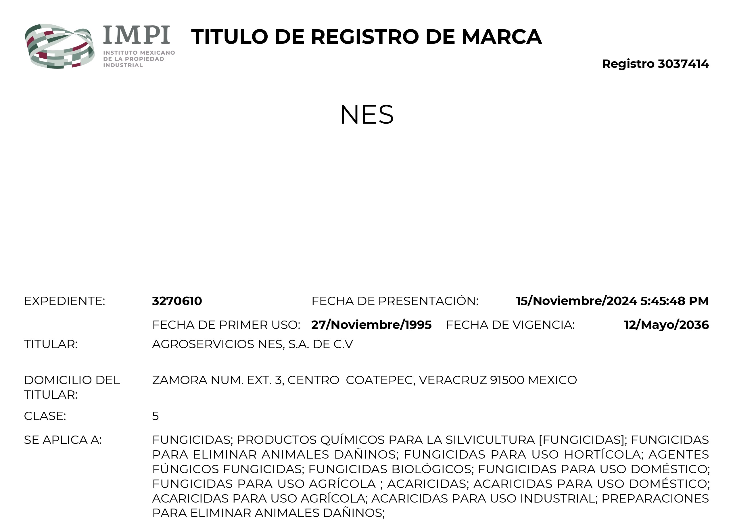 Certificado oficial de marca NES emitido por el IMPI